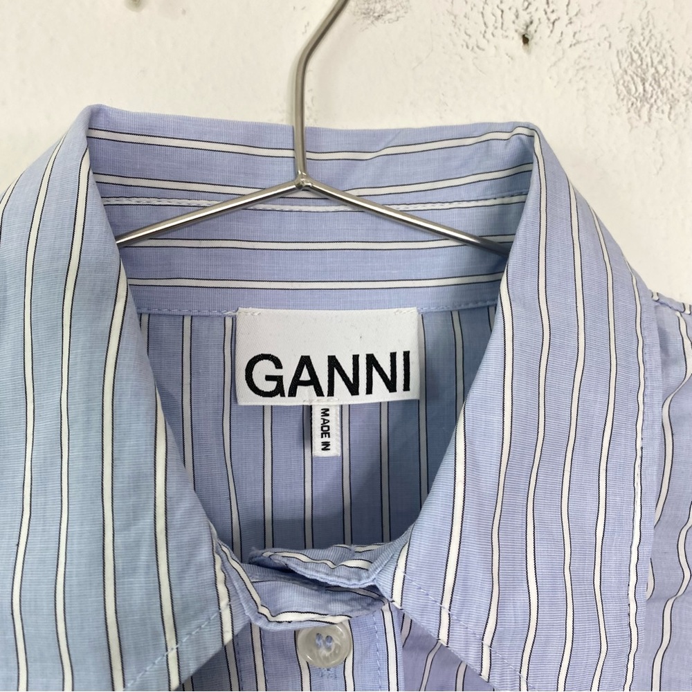 Ganni Blue Cotton Striped Button Front Balloon Sleeve Shirt Dress Mini - Picture 5 of 8